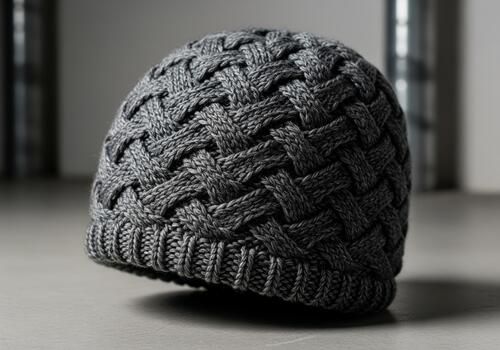 Luxurious charcoal gray knitted beanie hat featuring an intricate basket weave pattern. photo