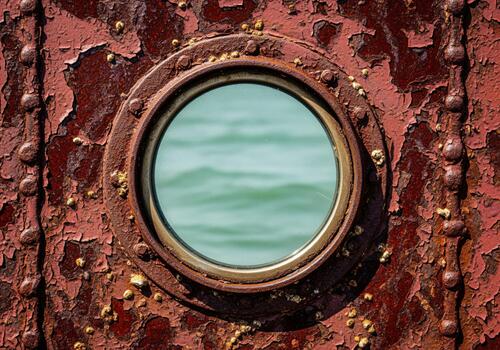 Close up of a rusty nautical porthole window on an old ship hull showing the sea photo