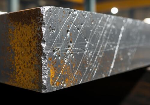 Close up of industrial steel metal slab showing rough cut edge, deep scratches, and rust texture. photo