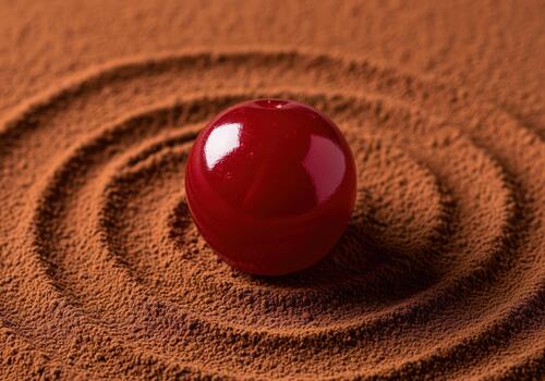 Shiny red chocolate bonbon on cocoa powder with concentric ripple lines photo