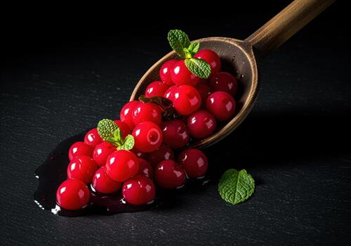 Ruby red pickled cherries spilling from a wooden spoon on a dark moody background. photo