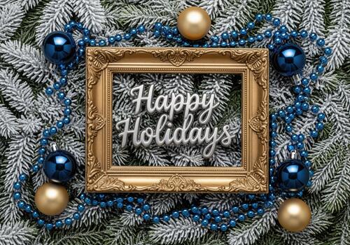 Happy holidays greeting in gold frame with snowy fir branches and blue and gold ornaments. photo