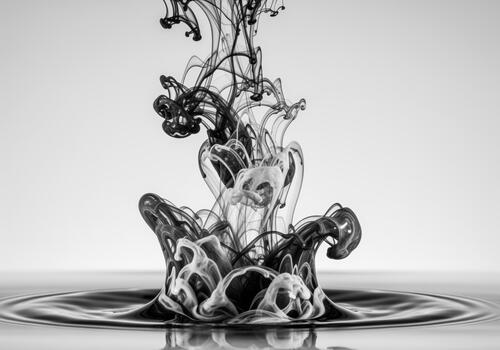 Dynamic black and white ink collision in water creating abstract swirling plumes. photo