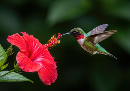 Ruby throated hummingbird hovering while feeding nectar from a bright red hibiscus flower photo
