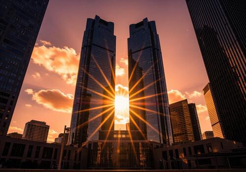 Dramatic sunset view between twin skyscrapers featuring a powerful sunburst effect photo