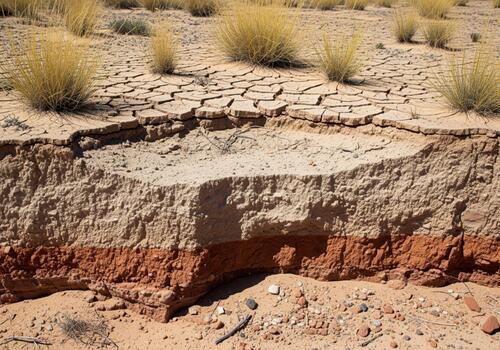 Cross section of arid desert soil layers with cracked dry earth and sparse vegetation photo