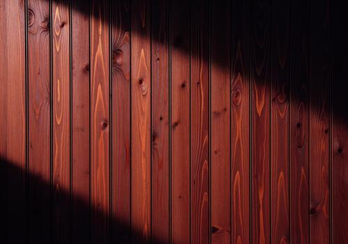 Vertical mahogany stained wood paneling texture wall background with diagonal shadow photo
