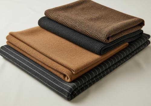 Luxurious stack of camel and charcoal fabrics, herringbone, knit, solid, and pinstripe. photo