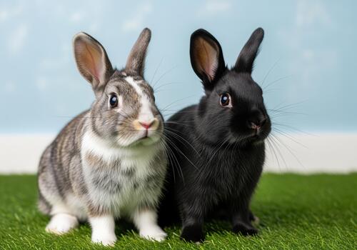 Adorable pair of dwarf bunnies, a mottled grey and a solid black, sitting on turf. photo
