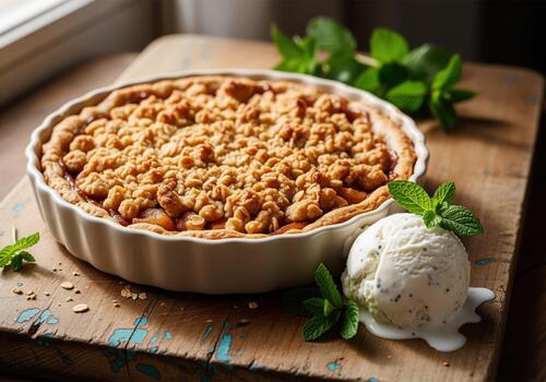 Rustic fruit crumble pie with golden oat topping and melting vanilla ice cream scoop photo