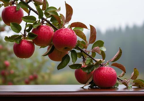 Cluster of ruby red apples covered in dew drops on a tree branch during harvest photo