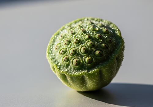 Detailed macro photograph of a fresh green lotus seed pod covered in water droplets photo