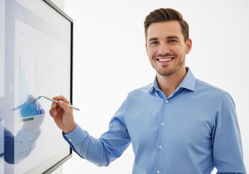 Confident professional man pointing at a business graph displayed on a modern interactive whiteboard. photo