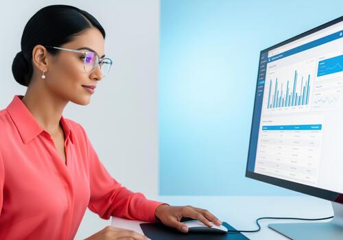 Focused businesswoman analyzing financial data charts on a computer screen at work. photo