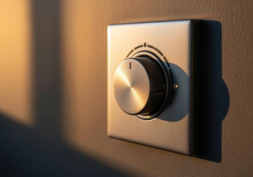 Sleek metallic rotary dimmer switch installed on a wall illuminated by warm light. photo