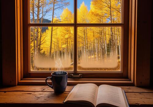 Golden aspen forest view through a rustic window with coffee and a book on the sill. photo