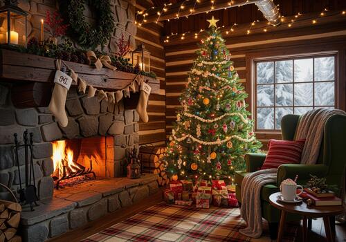 calentar Navidad noche en un rústico Iniciar sesión cabina con un Roca hogar y decorado árbol foto