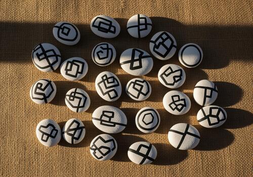Collection of white river stones painted with unique black abstract geometric patterns photo