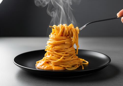 Steaming hot spaghetti twirled high on a fork with creamy sauce served on a black plate photo