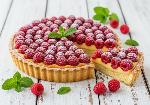 Fresh raspberry tart with custard cream filling and powdered sugar on rustic white wood photo