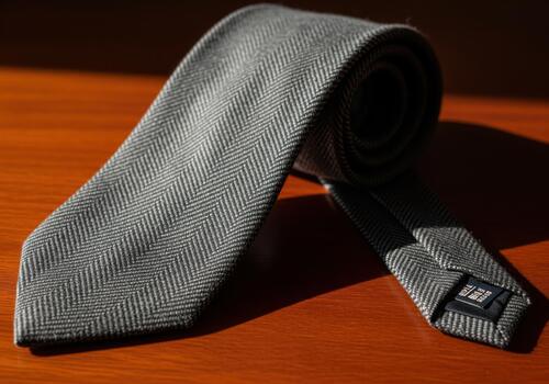 Luxurious charcoal grey wool necktie featuring a classic herringbone pattern texture photo