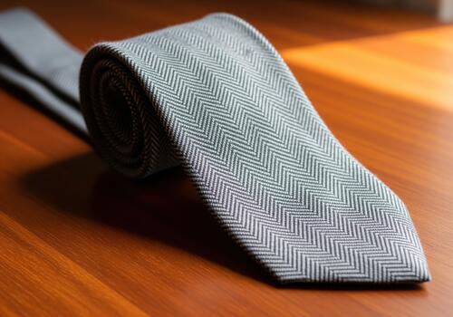 Luxurious grey herringbone patterned wool necktie resting on a rich wooden table photo