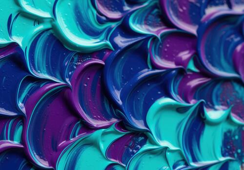 Abstract texture of thick viscous turquoise blue and purple paint strokes macro photo