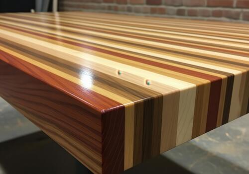 Multicolored striped hardwood tabletop with a glossy finish and laminated edge grain photo