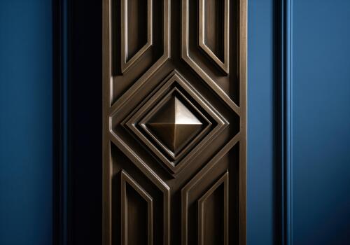 Detailed bronze architectural panel with geometric art deco diamond pattern and blue background. photo