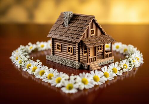 miniatura rústico Iniciar sesión cabina modelo rodeado por un corazón de margarita flores foto