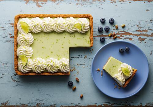 Rustic rectangular key lime pie tart with whipped cream and a slice on distressed blue wood. photo