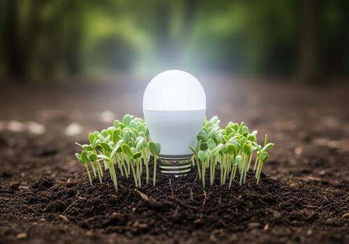 brillante LED ligero bulbo plantado en fértil suelo rodeado por Fresco verde coles foto