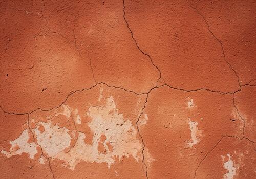 Aged terracotta wall texture background with peeling paint and deep cracks photo
