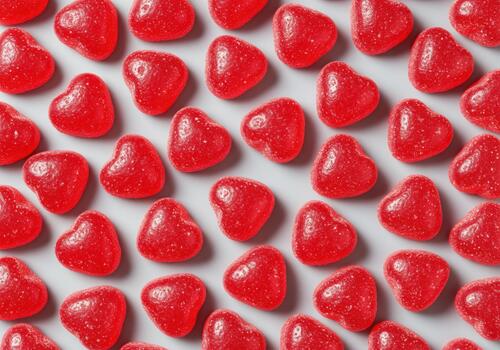 Vibrant red heart shaped gummy candies arranged in a dense continuous pattern. photo