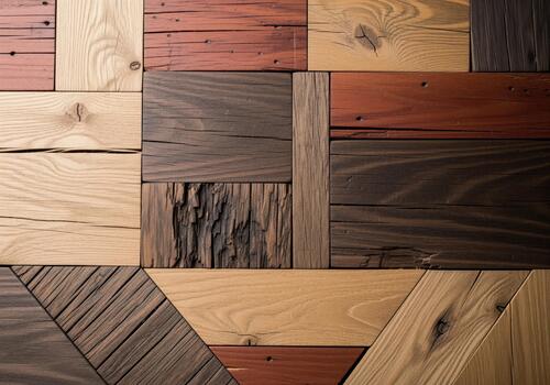 Captivating close up of a rustic wooden mosaic wall featuring salvaged timber blocks and diverse textures. photo