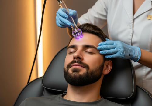 Man receiving professional scalp treatment using advanced cosmetic technology in a clinic photo