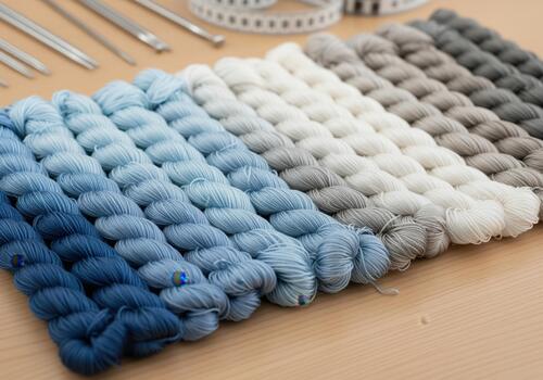 Neat arrangement of yarn skeins showing a smooth color gradient from indigo blue to gray photo