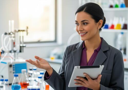 Confident female scientist presenting research findings in a modern laboratory holding a digital tablet. photo