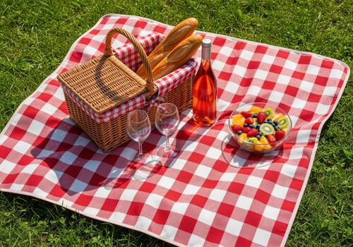 Classic summer picnic scene with basket, wine, fresh fruit, and baguette on grass photo