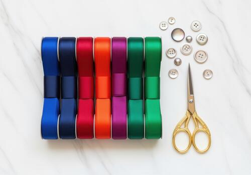 Top view of vibrant satin ribbon spools, sewing buttons, and elegant gold scissors photo