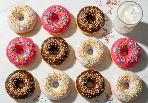 Bright top view of a dozen colorful glazed donuts with sprinkles and a glass of milk on white marble. photo