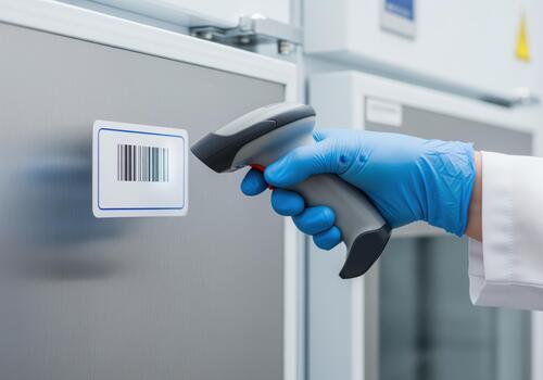 Close up of a gloved hand scanning a barcode sticker on storage unit in a laboratory photo