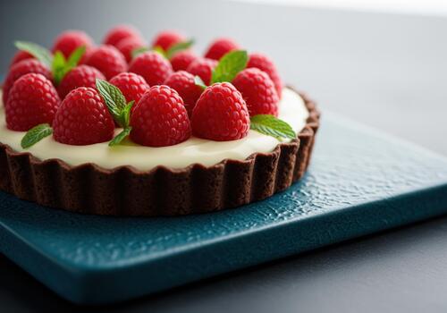 Close up of gourmet raspberry and white chocolate tartlet with dark chocolate crust photo