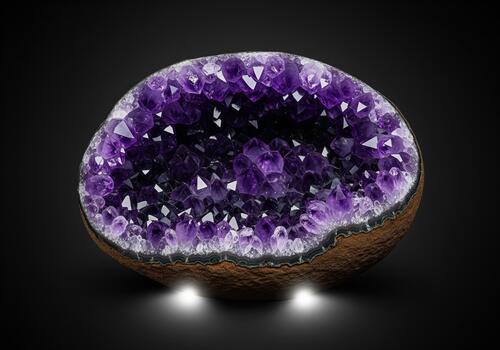 Polished deep violet amethyst crystal geode cluster mineral on dark background. photo