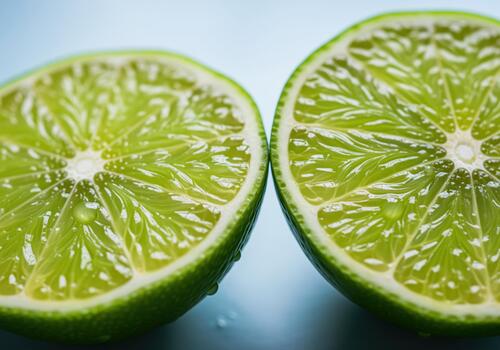 Bright green lime halves sliced open in macro view with glistening juice droplets. photo