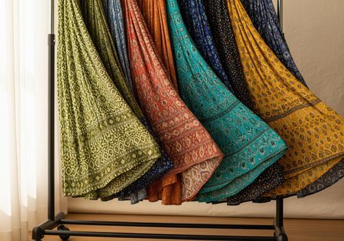 Variety of colorful patterned bohemian maxi skirts hanging on a retail display rack. photo