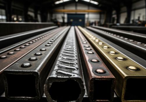 Array of textured and riveted metal bars in various colors inside a dark factory photo