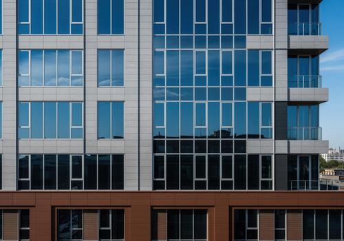 Geometric pattern of windows and panels on a modern skyscraper facade under blue sky. photo