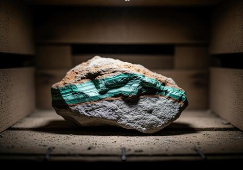 Eroded malachite and azurite ore embedded in gray stone matrix photo