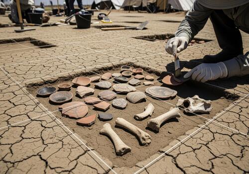 Archaeological dig site excavation with pottery shards and bones photo